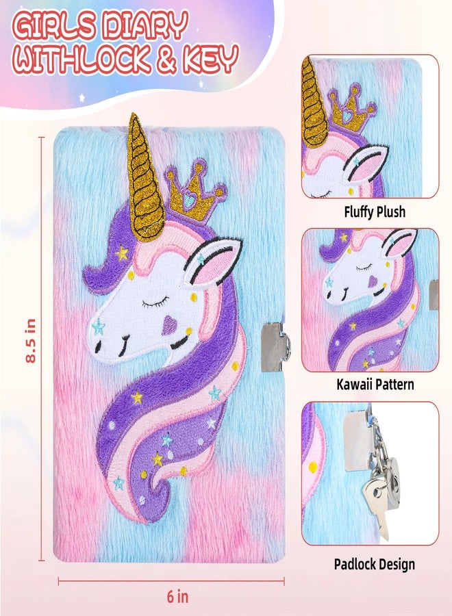 LiYiQ Plush Unicorn Diary Gift Travel Journal Secret Diary with Scrapbook Paper Stickers Journal Stencils Pompom Pen and Washi Tape Practical Set Gift for Birthday Christmas - Image 5